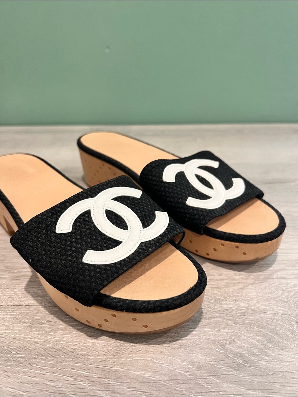 CHANEL Black Slide Mule with White CC Accent Wood Platform Clogs